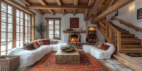 Poster - Cozy living room features rustic decor with a fireplace and winter scenery, inviting warmth and comfort for relaxation