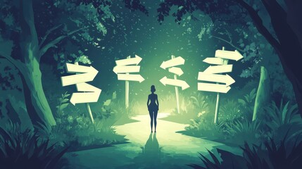 Poster - Mysterious Forest Path with Signposts and Silhouette in Moonlight