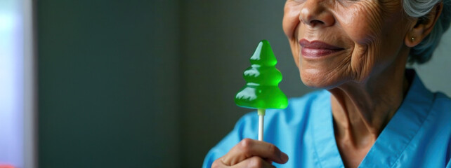 Wall Mural - banner close-up of a dark-skinned elderly doctor in a blue medical gown and a stethoscope around her neck holds in her hand a green lollipop in the shape of a Christmas tree on a white stick