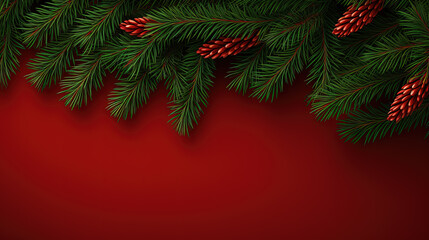 Wall Mural - Christmas red background with fir branches and cones composition. Xmas greeting card template with copy space