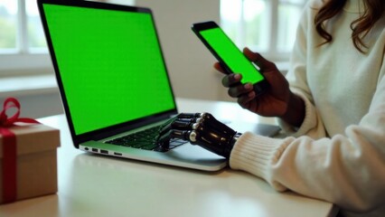 Wall Mural - close-up of a dark-skinned woman hand in a white sweater holding a phone with green screen, bionic prosthetic hand on a laptop keyboard, online shopping in Christmas, Valentine's concept, soft focus