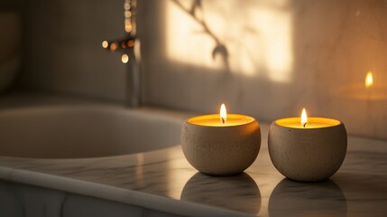 Wall Mural - Two lit beige candles on marble countertop near sink, warm sunset light.