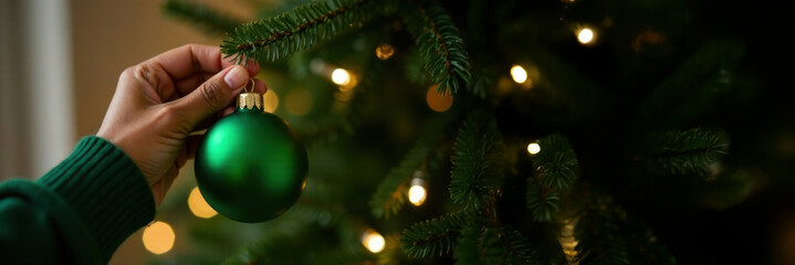 Wall Mural - Close-up banner hands of a dark-skinned  in a green sweater holding a green small Christmas ball hanging on a Christmas tree, Christmas tree branches and Christmas toys blurred background