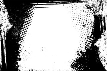 Poster - Vector distress background with vintage effect featuring white stamp and black brush strokes. Retro, grungy frame with cracked paint and abstract ink sketch.