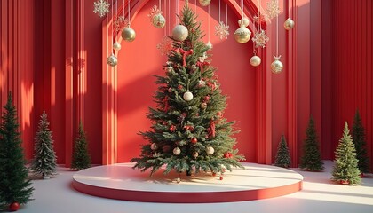 Poster - Christmas tree on the podium in 3D interior. Winter holidays greeting card with Christmas tree room