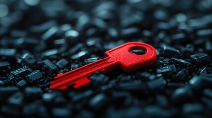 Poster - bright red key on a dark background of shiny black particles