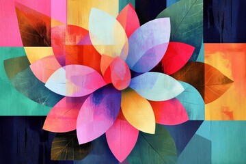 Poster - Colorful abstract floral design featuring vibrant petals and leaves, blending shades of pink, blue, and green.