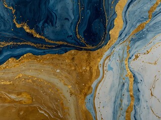 Wall Mural - Abstract blue and gold marbled swirls with delicate veins and glittering accents.