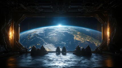Poster - Group observes earth from space station orbiting earth digital art futuristic environment wide angle view awe and wonder