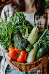 Wall Mural - A woman holding a basket filled with fresh vegetables, possibly on the way to market or cooking at home