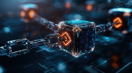 Poster - Futuristic digital chains connecting data blocks virtual environment 3d graphics cyberpunk aesthetic high-tech concept