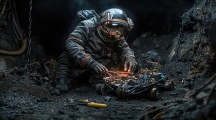 Poster - Astronaut repairing rover on a distant planet space exploration sci-fi dark environment close-up innovation