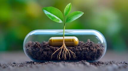 Canvas Print - A vibrant green plant sprouts from a transparent capsule, symbolizing growth and sustainability in medicine and nature.