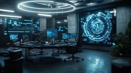 Poster - Futuristic corporate workspace digital hub technology environment modern office high-tech viewpoint innovation concept
