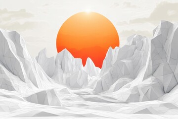 Poster - A serene, low-poly landscape featuring jagged white mountains under a vibrant orange sun.