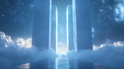 Wall Mural - An ethereal bridge of mist connecting two celestial towers, illuminated by the light of distant stars, creating a serene and otherworldly ambiance, generative ai. Otherworldly. Illustration