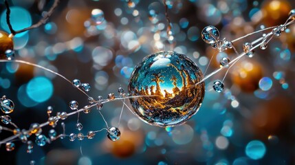 Poster - Artistic closeup of reflective beads on a thread nature scene macro photography vibrant environment unique perspective