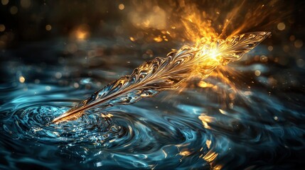 Aufkleber - Golden ink pen crafting waves of creativity on a serene water surface artistic scene dreamlike environment close-up view