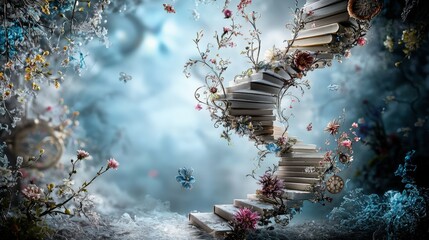 Aufkleber - Fantasy concept surreal staircase and flowers in an enchanted forest with ethereal digital art atmosphere