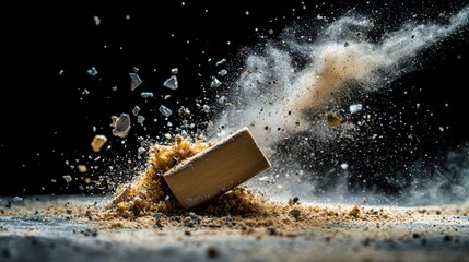 Poster - Eraser in motion creating dust trails studio environment still life photography artistic conceptual viewpoint