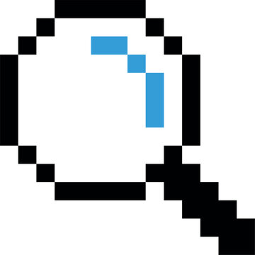 A pixelated magnifying glass with a blue handle