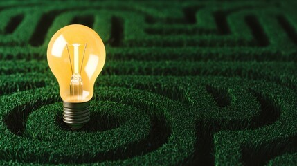Poster - A glowing light bulb sits at the center of a green maze, symbolizing ideas, creativity, and problem-solving.