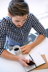 Aufkleber - Office, businessman and smartphone with notebook for email notification, social media and post on break. Above, male person and text message on app with coffee for communication and networking