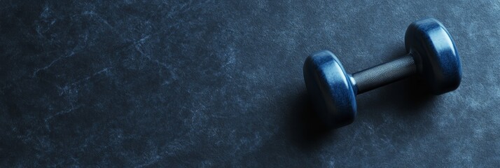 Poster - Promoting physical well being, a blue dumbbell sits on a dark marble surface, ready for a strength training workout, emphasizing a healthy lifestyle