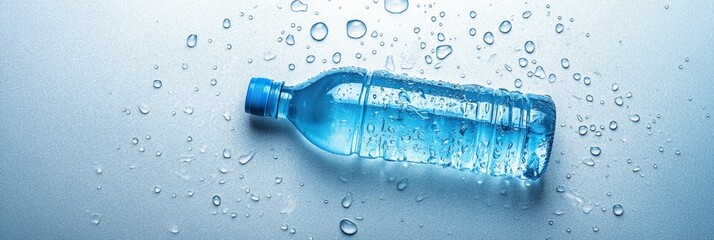 Poster - Plastic water bottle covered with condensation droplets lying on a wet metallic background, conveying a sense of coolness and refreshment, ideal for promoting hydration and healthy lifestyle