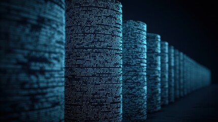 Poster - A digital scene featuring cylindrical shapes illuminated with binary code, creating a futuristic and abstract representation of data storage.