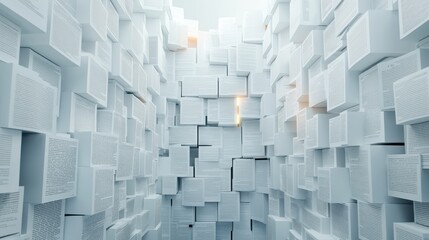 Poster - A surreal, white maze of textured blocks, creating a sense of depth and light, inviting exploration and intrigue.