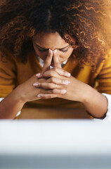 Poster - Woman, computer migraine and stress in workplace, employee depression and mental health burnout. Female person, frustrated and tired of glitch or internet trouble, above and policy fail or headache