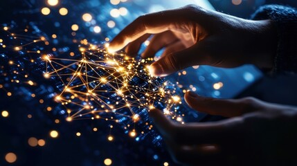 Poster - Hands interacting with digital network virtual environment infographic futuristic concept close-up view technology innovation