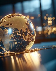 Poster - Global connectivity concept modern office digital 3d globe display futuristic environment close-up view technology impact