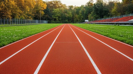 Aufkleber - Empty running track extending into the distance, bordered by lush green grass and trees, creating a serene and inviting atmosphere for athletes