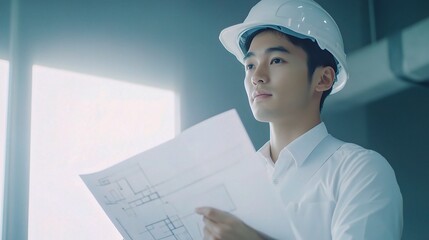 Poster - Young Engineer Analyzing Architectural Plans in Bright Office Space