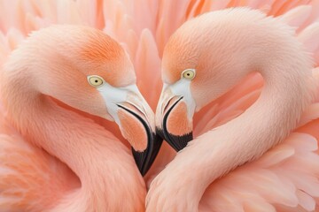 Aufkleber - Close-up photograph of two pink flamingos, their heads touching each other's beaks, facing forward, with an expression of love and affection on their faces.