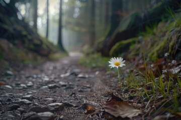 Wall Mural - A single white flower grows at the side of a dirt road, waiting for rain