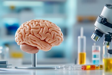 Poster - A brain being studied under a microscope in a research lab, with test tubes and notes visible in the background