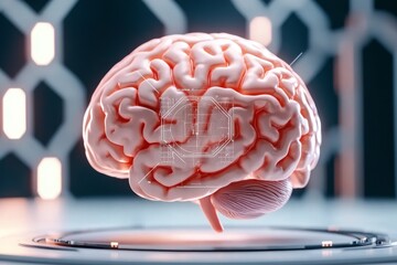 Poster - A brain surrounded by a holographic display of scientific data and graphs in a futuristic lab