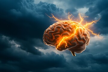 Aufkleber - A brain with lightning bolts symbolizing inspiration and creativity, set against a dark cloudy background
