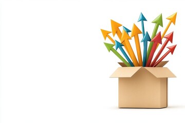 Poster - A clean 2D flat illustration of an open box with arrows flying out, symbolizing creativity and ideas on a white background