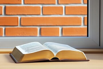 Poster - A close-up of an open book resting on a wooden table, with sunlight streaming through a nearby window