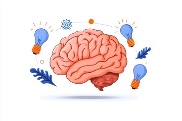 Aufkleber - A colorful 2D flat illustration of a brain surrounded by glowing icons like lightbulbs and gears on a white background