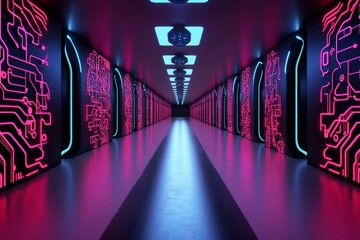 Fototapete - A cyberpunk-inspired blackboard glowing with neon chalk illustrations, set in a futuristic classroom with holographic tools