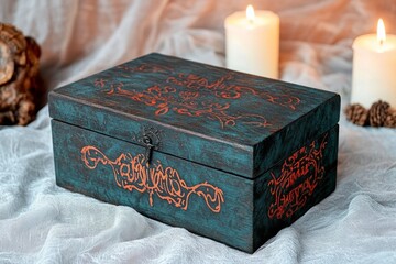 Poster - A dark wooden box with intricate gothic carvings, sitting on a velvet cloth in a candlelit room, with faint shadows dancing on the walls