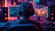 © aicandy - The image captures a person sitting at a computer desk with headphones on, surrounded by glowing monitors and speakers in a dimly lit room