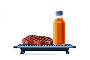 Poster - A flat design of a BBQ sauce bottle and brush next to a steak on a grill grate, drawn with bold shapes and colors
