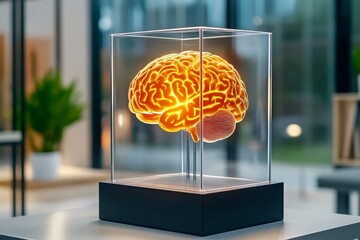 Poster - A futuristic brain encased in a glowing glass chamber, surrounded by holographic data and advanced AI systems