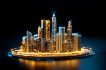 Aufkleber - A futuristic holographic blueprint displaying a rotating 3D model of a smart city, with glowing lines and augmented reality icons